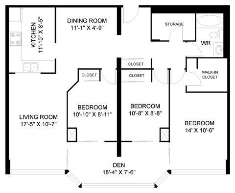 Floor plan for 3 beds, 1 bath, 1262 sqft